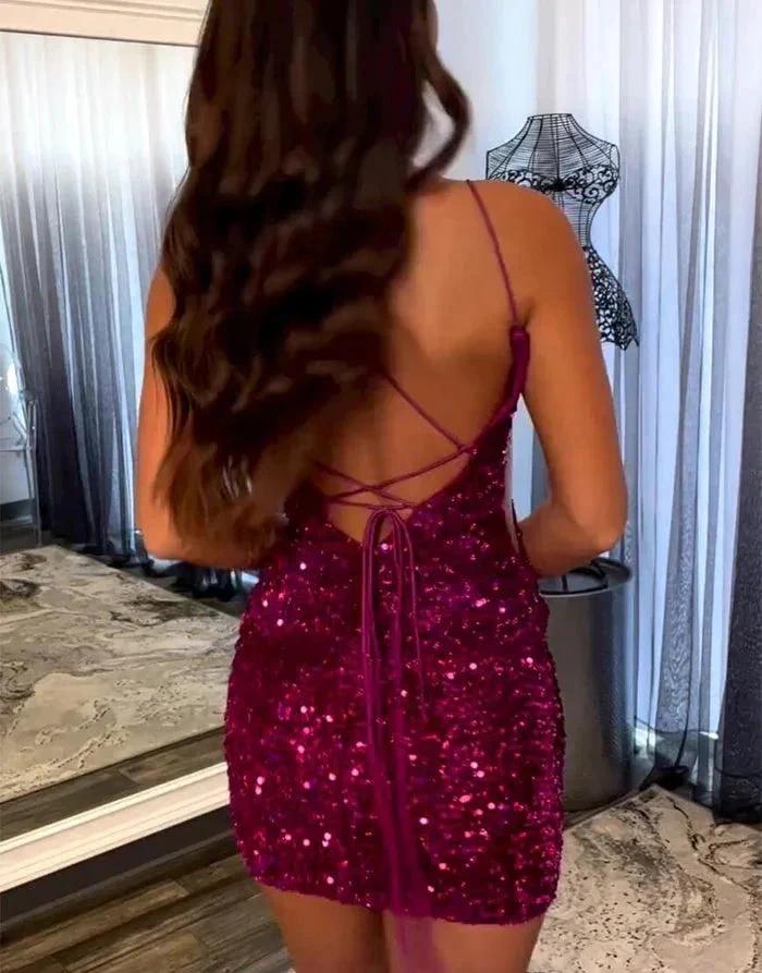 Fabulous Short Column V-neck Sleeveless Sequined Satin Open Back Homecoming Dresses