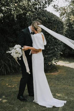 Fairy A Line V Neck Elastic Satin Modest Wedding Dress WD757