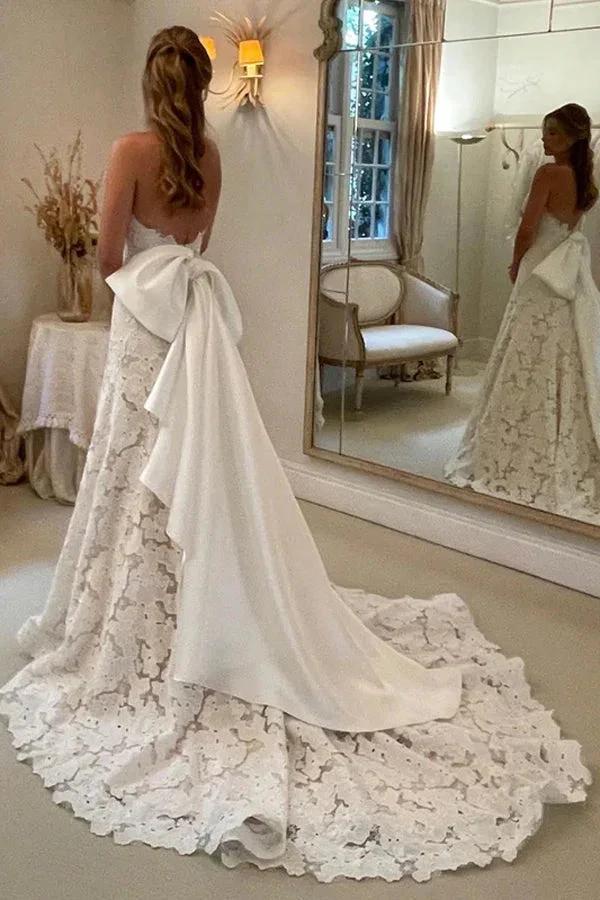 Floral Lace Strapless A Line Boho Ivory Wedding Dress with Satin Bowtie WD634