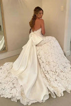 Floral Lace Strapless A Line Boho Ivory Wedding Dress with Satin Bowtie WD634