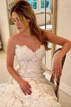 Floral Lace Strapless A Line Boho Ivory Wedding Dress with Satin Bowtie WD634