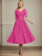 A-line V-Neck Tea-Length Lace Chiffon Mother of the Bride Dress With Sequins