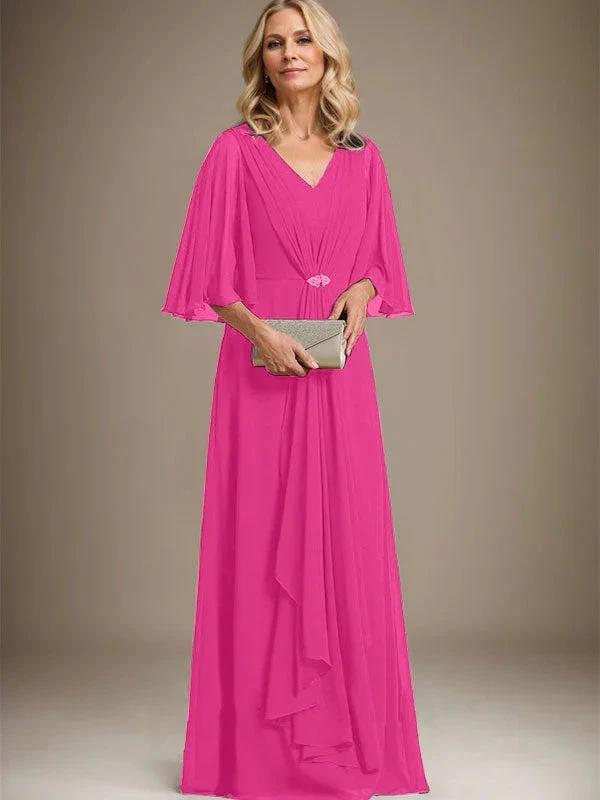 A-line V-Neck Floor-Length Chiffon Mother of the Bride Dress With Cascading Ruffles Crystal Brooch