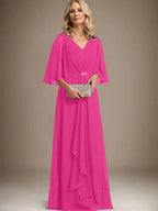 A-line V-Neck Floor-Length Chiffon Mother of the Bride Dress With Cascading Ruffles Crystal Brooch