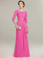 A-line Scoop Illusion Floor-Length Lace Chiffon Mother of the Bride Dress With Cascading Ruffles