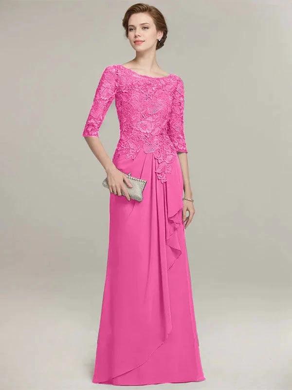 A-line Scoop Illusion Floor-Length Lace Chiffon Mother of the Bride Dress With Cascading Ruffles