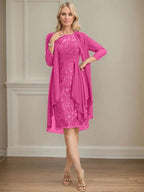 Sheath/Column Scoop Illusion Knee-Length Lace Chiffon Mother of the Bride Dress With Cascading Ruffles Sequins