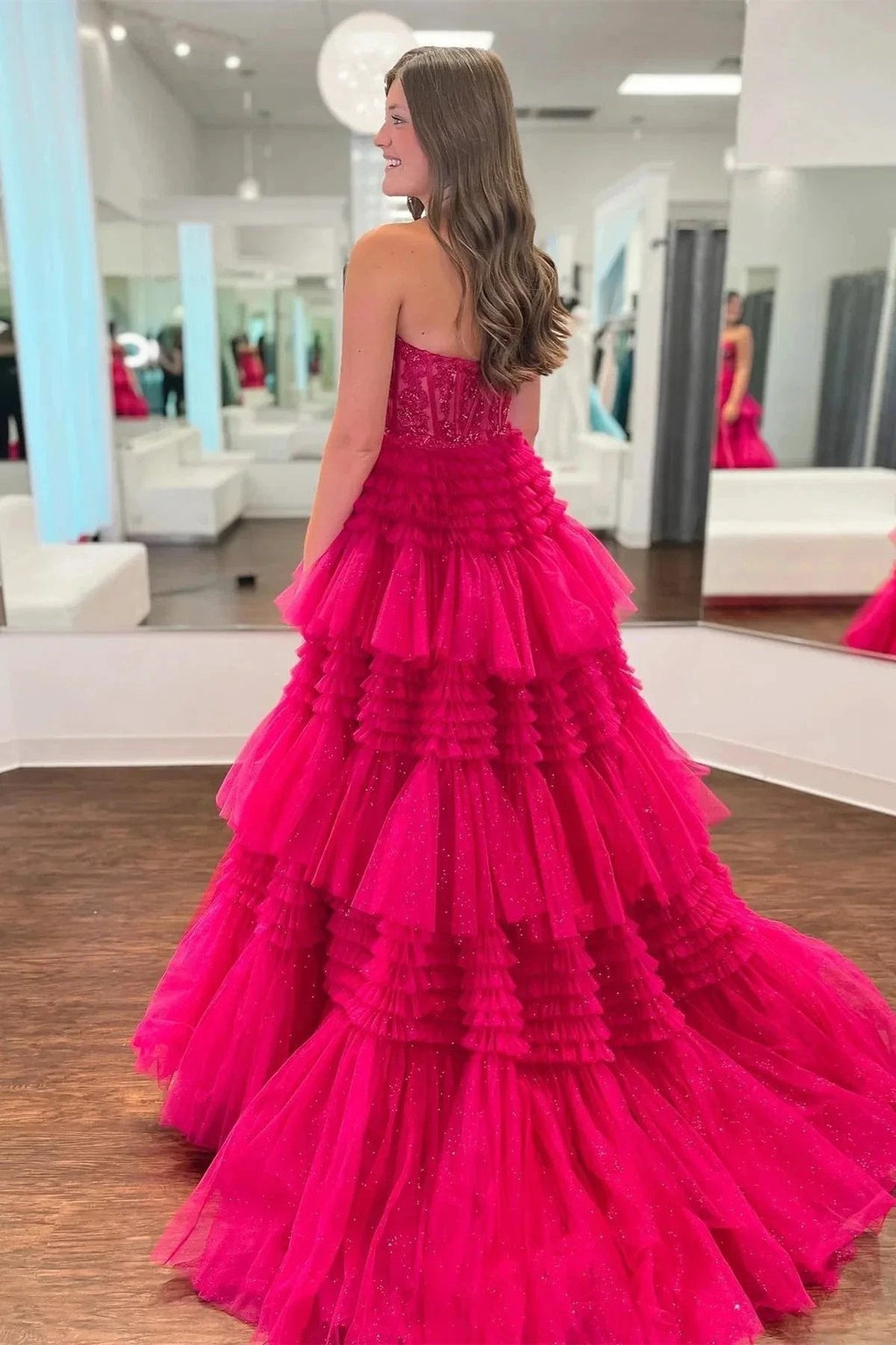 Fuchsia Multi-Layers Strapless Appliques A-line Tulle Long Prom Dress  PSK451
