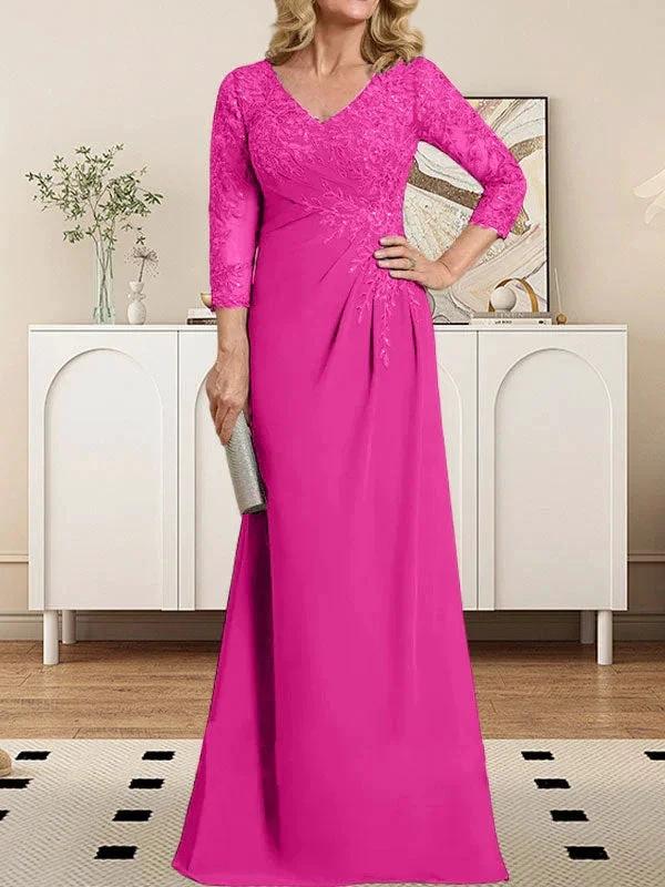 Sheath/Column V-Neck Illusion Floor-Length Lace Chiffon Mother of the Bride Dress With Pleated Sequins