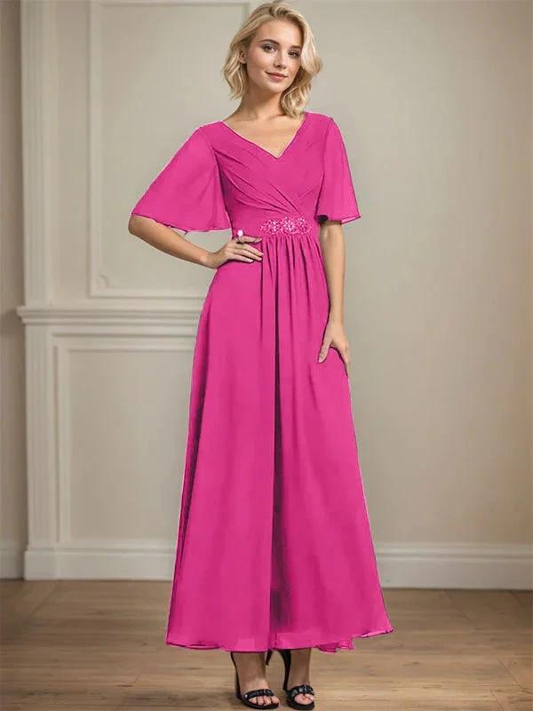 A-line V-Neck Ankle-Length Chiffon Mother of the Bride Dress With Pleated Beading Sequins