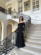 Chic Black Long Evening Dress Black Formal Gown with Bell Sleeves Y4357