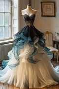 Unique Strapless Tulle Beaded Ruffle A Line Prom Dress Formal Ball Gown Y8343