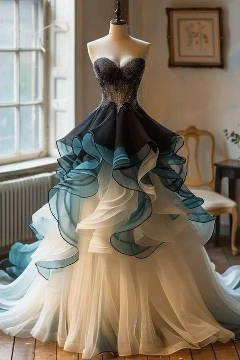 Unique Strapless Tulle Beaded Ruffle A Line Prom Dress Formal Ball Gown Y8343
