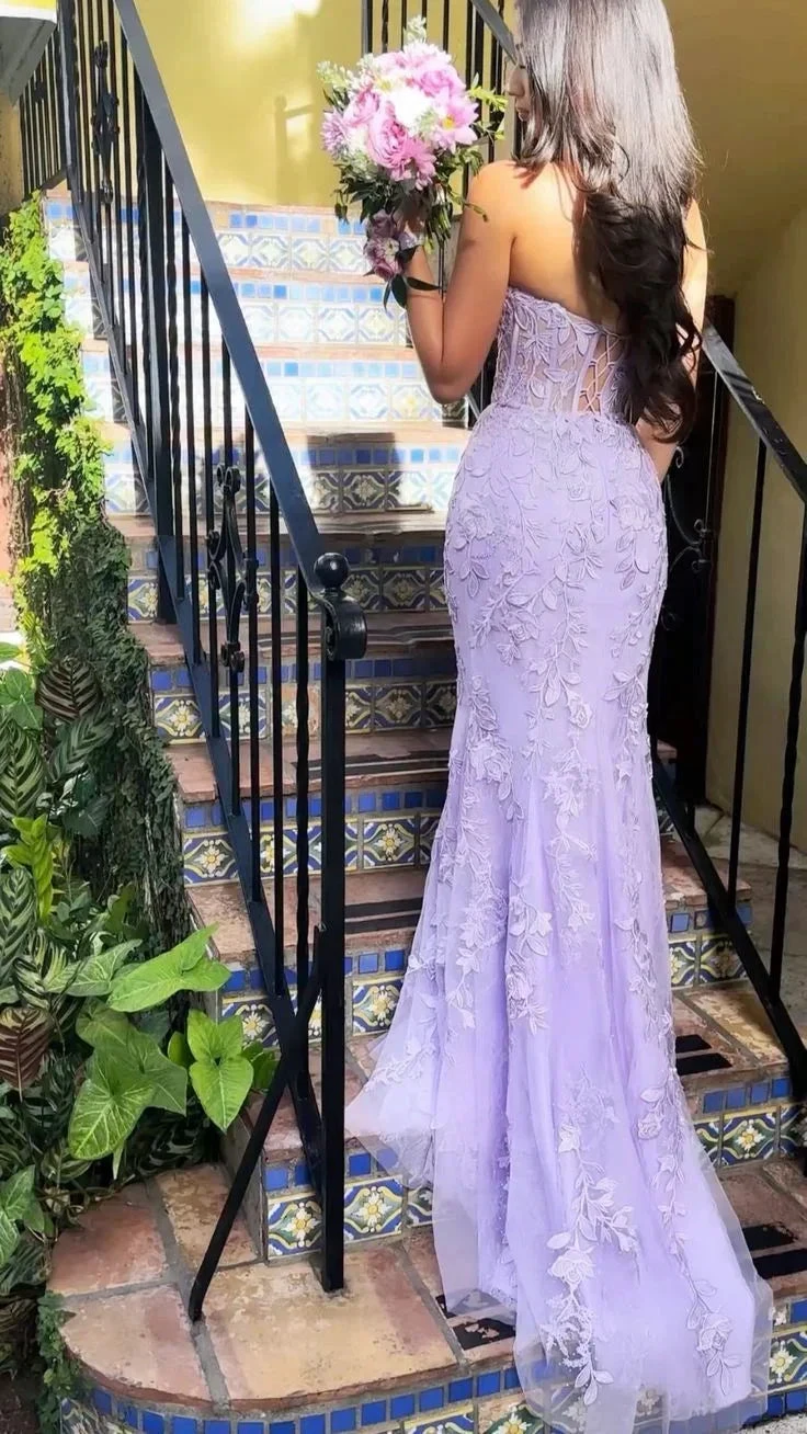 Purple Strapless Tulle Lace Appliques Evening Dress Mermaid Prom Dress Y7910