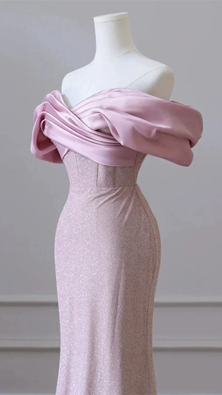 Flesh Pink Sequin Evening Gown Elegant Women's Off Shoulder Party Prom Evening Dress Y6963