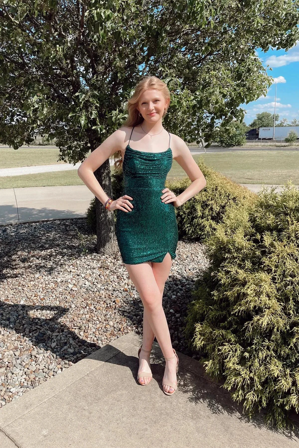 Straps Dark Green Cowl Neck Tight Mini Dress Dark Green Homecoming Dress Y2948