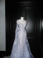 Classy Blue Tulle Beaded Mermaid Prom Dress,Formal Evening Dress Wedding Dress Y8655