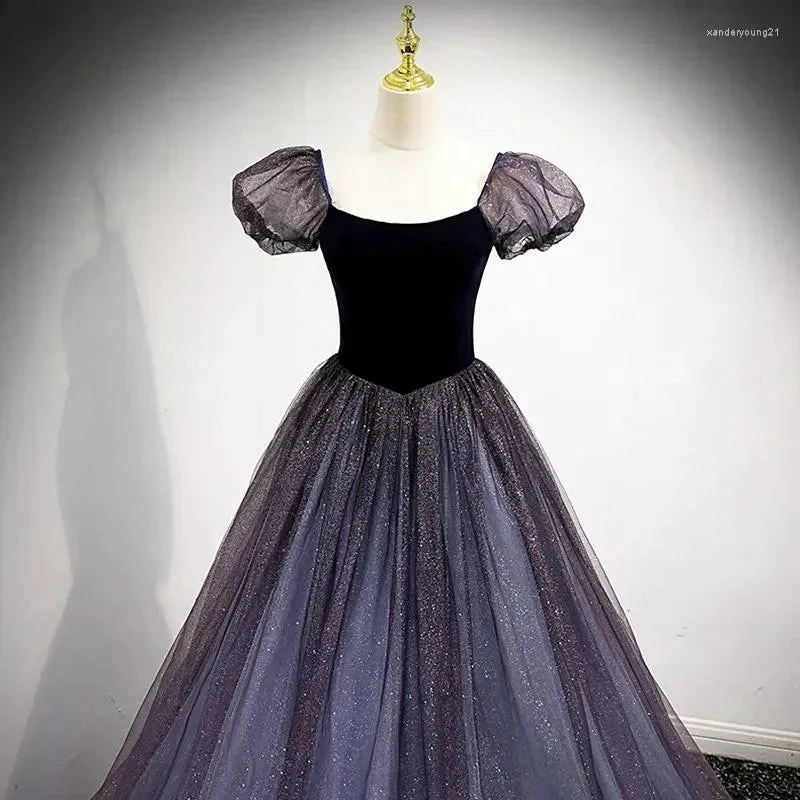 Purple Tulle Short Sleeve Formal Dress Cute A-Line Evening Dress Y4291