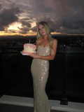 Spaghetti Straps Champagne Sequin Sheath Long Prom Dress Evening Dress Y8083