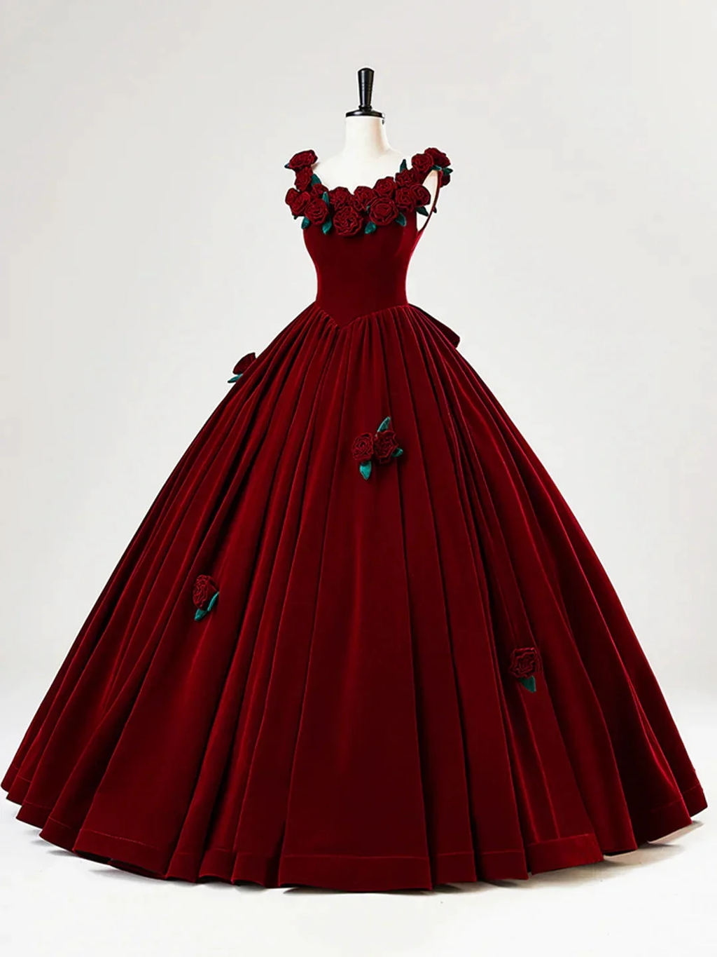 Beautiful Burgundy Velvet Quinceanera Dress Birthday Ball Gown With Rose Flowers Y7750