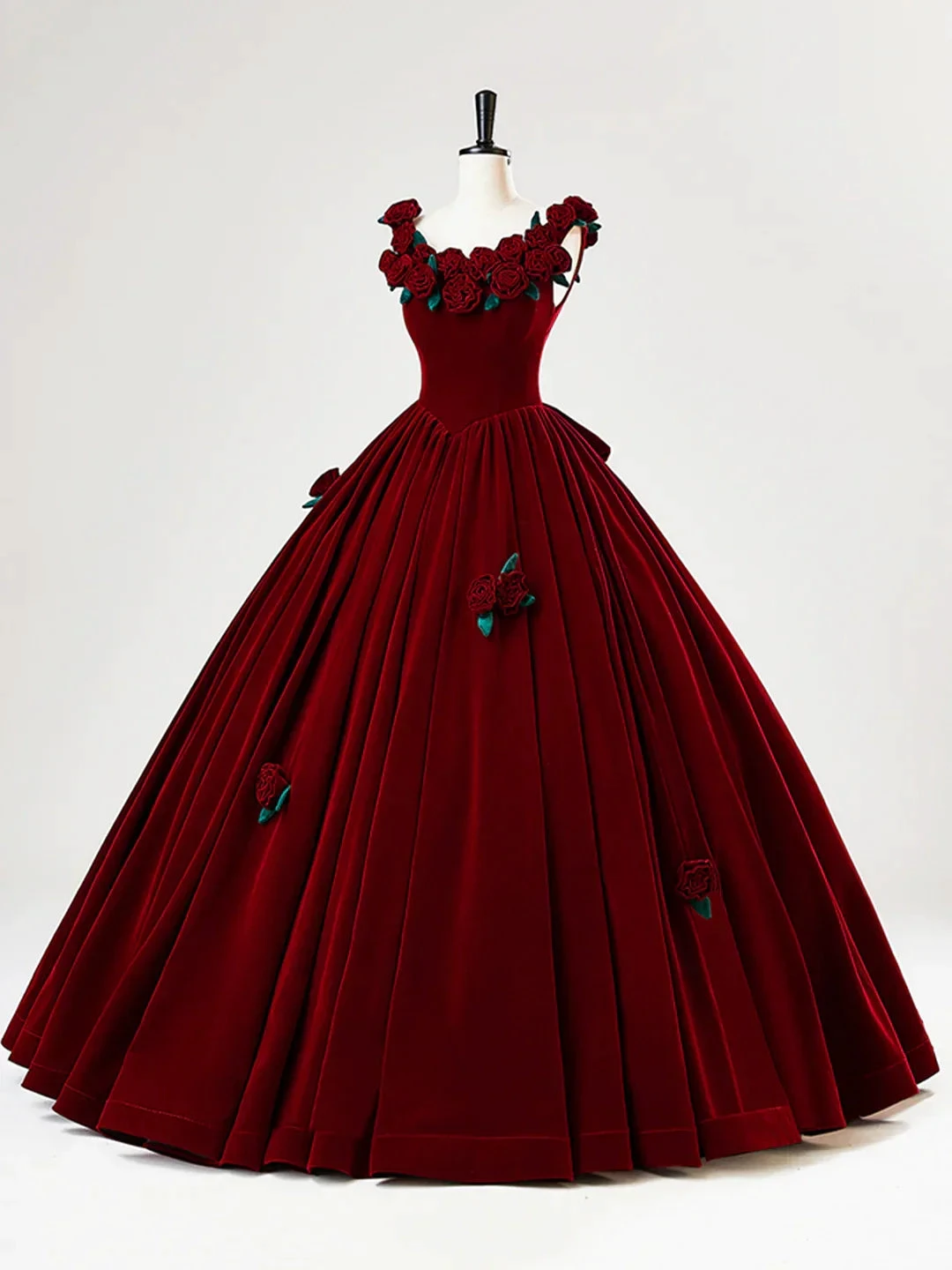 Beautiful Burgundy Velvet Quinceanera Dress Birthday Ball Gown With Rose Flowers Y7750