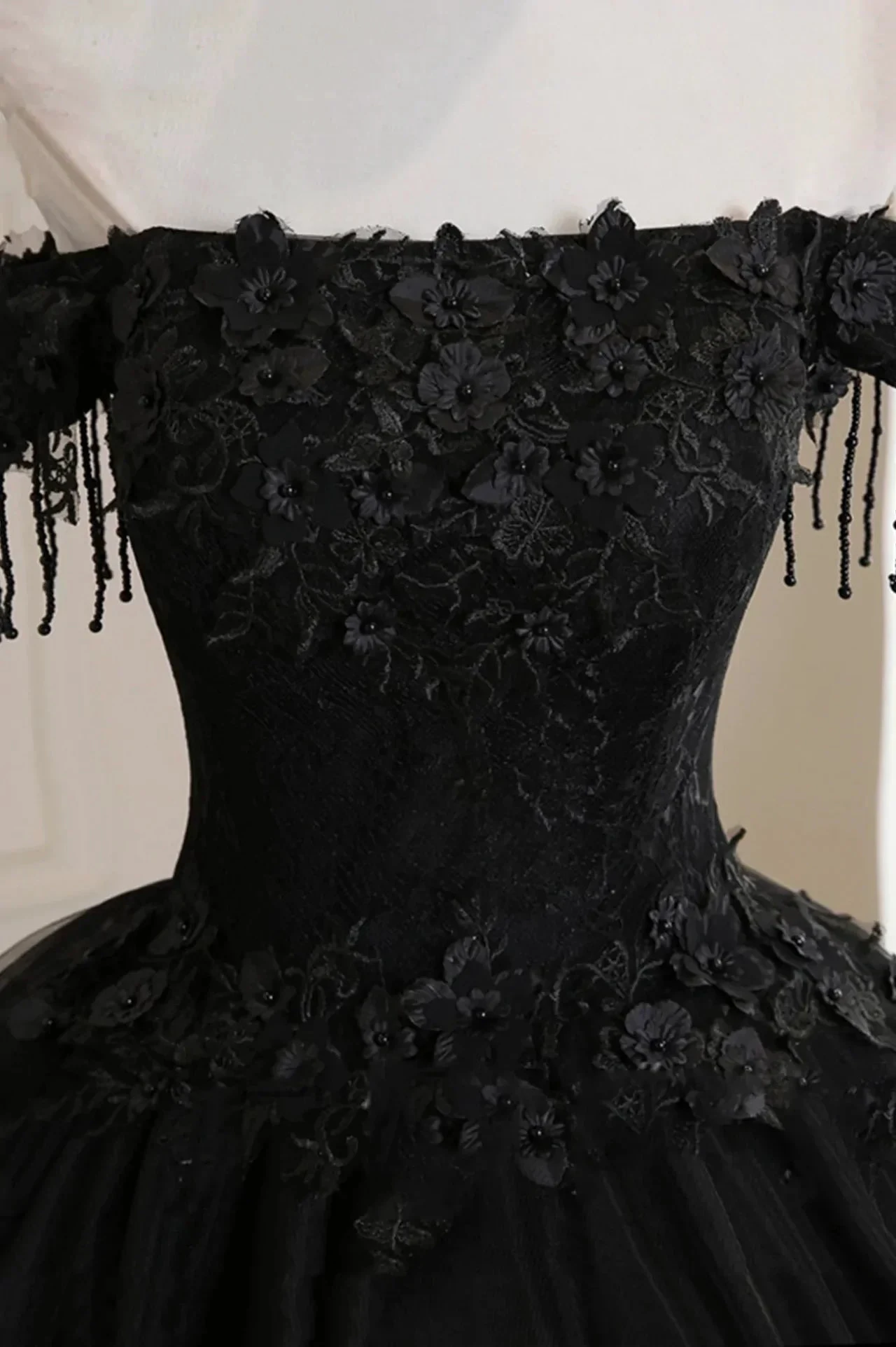 Black Off Shoulder Tulle Ball Gown With Lace Sweet 16 Dress, Black Long Evening Dress Y1143