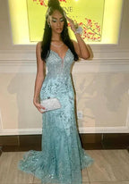 Charming Spaghetti Straps Lace Appliques Evening Dress Mermaid Prom Dress Y7921