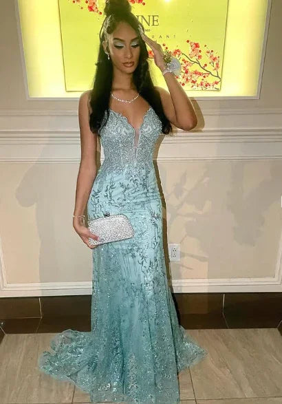 Charming Spaghetti Straps Lace Appliques Evening Dress Mermaid Prom Dress Y7921