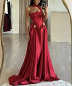 Charming A-Line Satin Burgundy Long Prom Dress Strapless Evening Dress Y8046