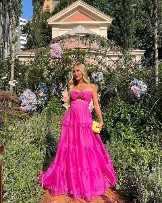 Hot Pink Formal Occasion Dress Sweetheart Long Party Dress Tiered Sleeveless Sexy Evening Dress Y6183
