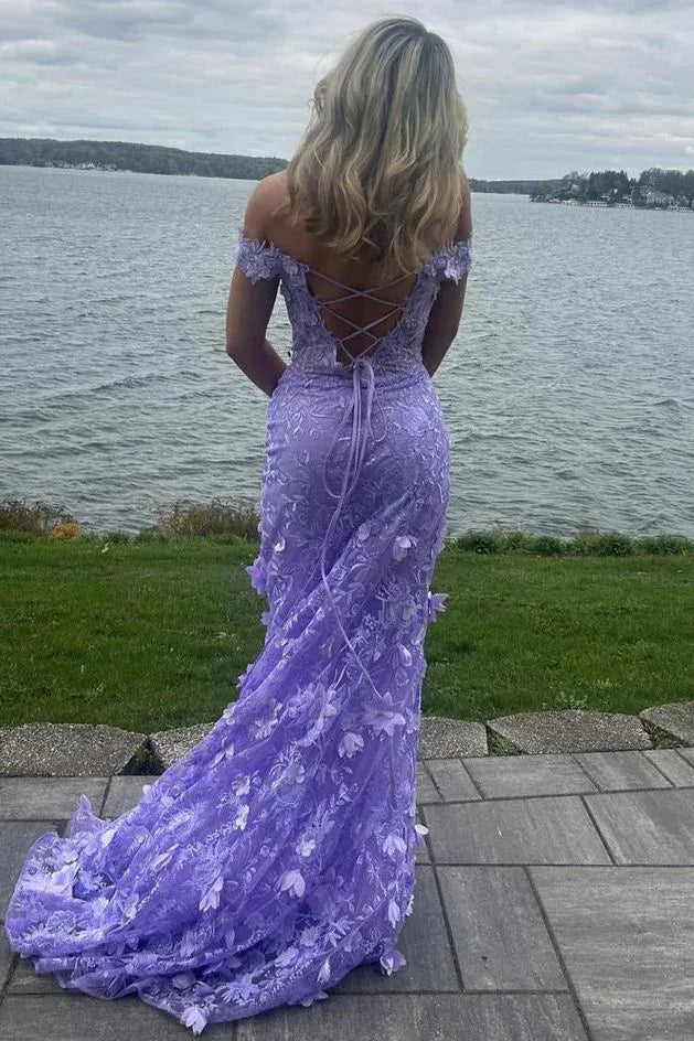 Gorgeous Off-Shoulder V-Neck Lace Appliques Mermaid Prom Dress Slit Birthday Evening Gown Y7934