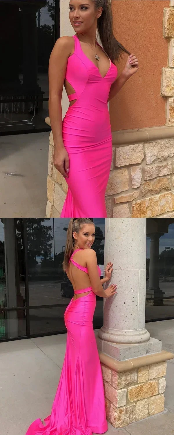 Hot Pink Halter Satin Mermaid Evening Dress, Simple Long Prom Dress Y1646