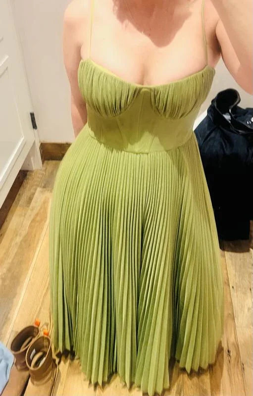 Classy Spaghetti Straps Pleated Tulle Green Midi Prom Dress A Line  Evening Dress Y8452