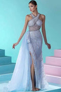 Glamorous Long Blue Mermaid Beading Sleeveless Tulle Prom Dress With Slit