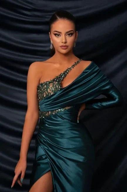 Glamorous Long Dark Green One Shoulder Beading Lace Long Sleeve Prom Dress with Slit