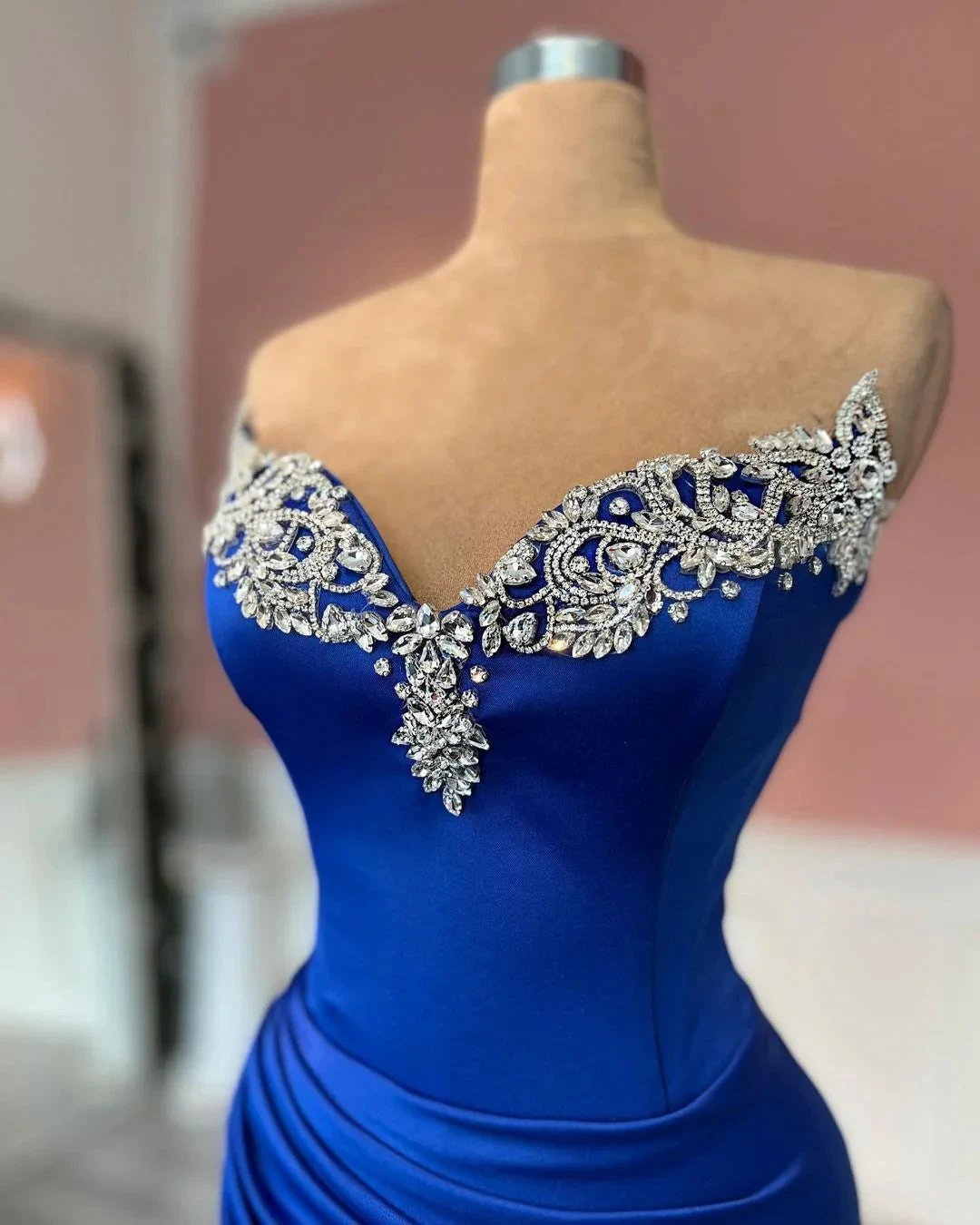 Glamorous Long Royal Blue Column Jewels Strapless Prom Dress With Slit