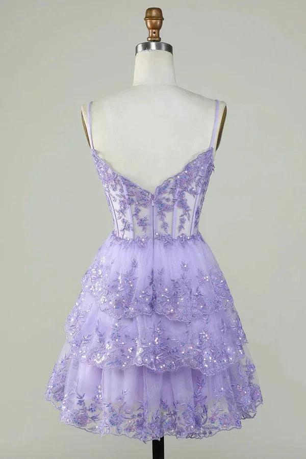Glitter Lace Corset Ruffle Tiered Lavender Homecoming Dress PD503