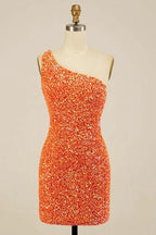 Glitter One-Shoulder Hot Pink Homecoming Dress With Sequins PD462