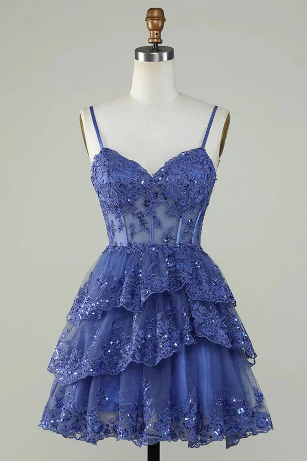 Glitter Lace Corset Ruffle Tiered Lavender Homecoming Dress PD503