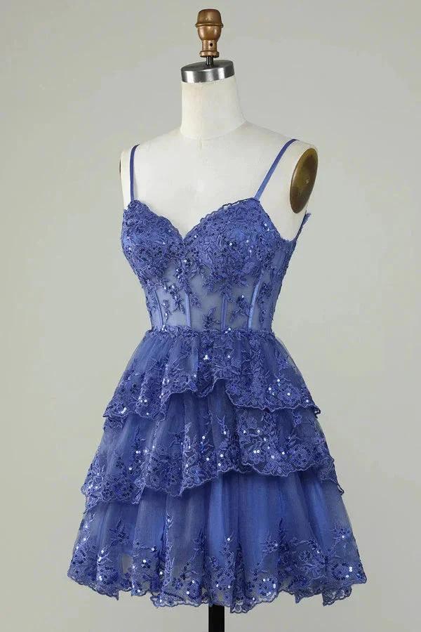 Glitter Lace Corset Ruffle Tiered Lavender Homecoming Dress PD503