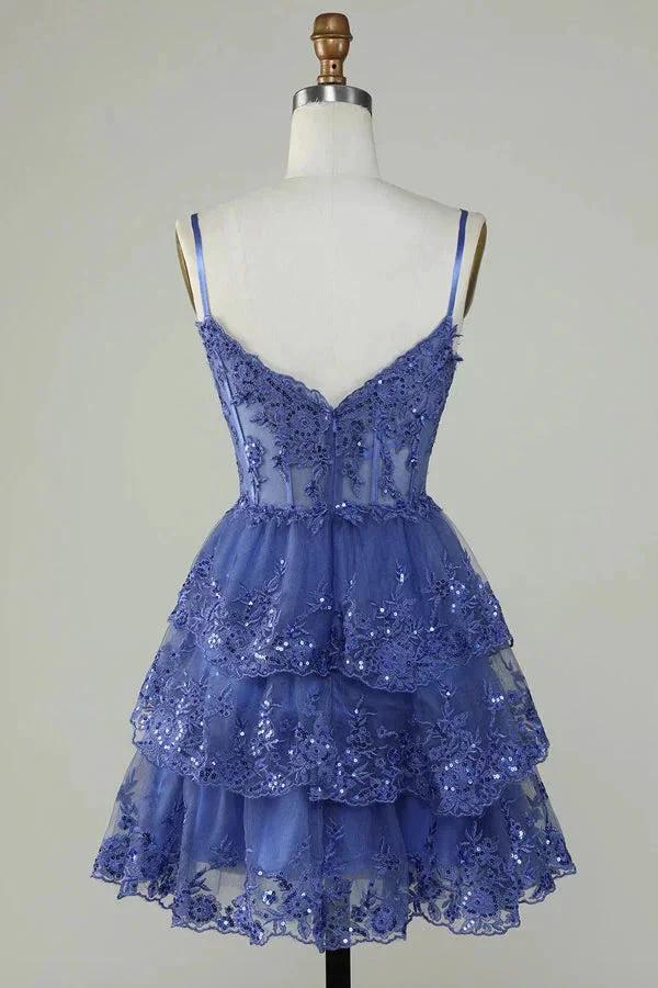 Glitter Lace Corset Ruffle Tiered Lavender Homecoming Dress PD503