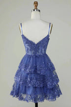 Glitter Lace Corset Ruffle Tiered Lavender Homecoming Dress PD503