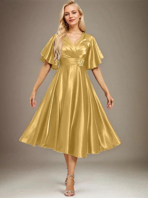 A-line V-Neck Tea-Length Stretch Satin Mother of the Bride Dress With Beading Pleated