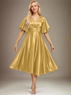 A-line V-Neck Tea-Length Stretch Satin Mother of the Bride Dress With Beading Pleated