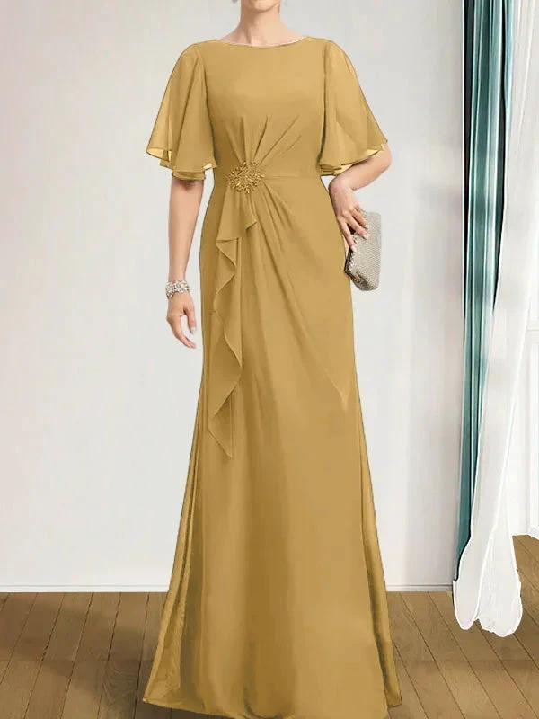 A-line Scoop Floor-Length Chiffon Mother of the Bride Dress With Cascading Ruffles Beading Sequins