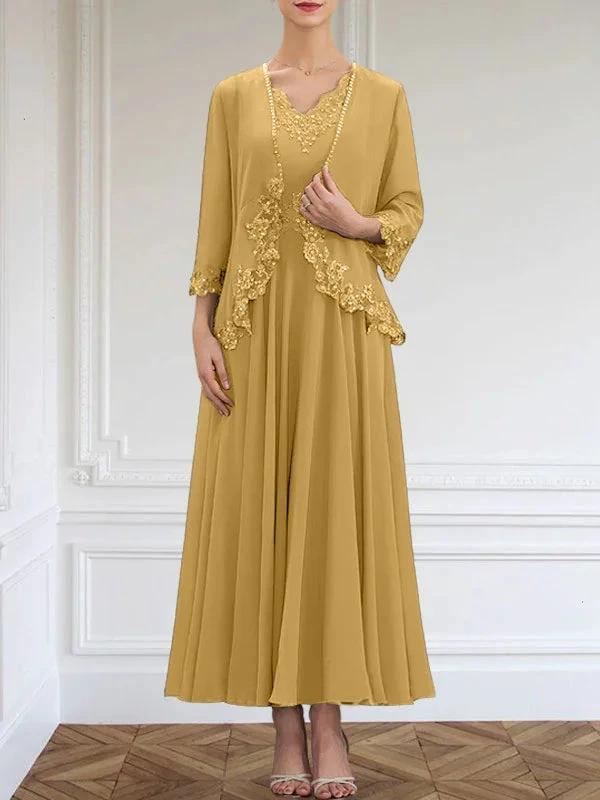 A-line V-Neck Ankle-Length Chiffon Mother of the Bride Dress With Sequins Appliques Lace Beading
