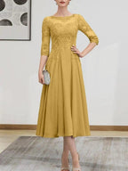 A-line Scoop Illusion Tea-Length Chiffon Lace Mother of the Bride Dress With Beading Sequins
