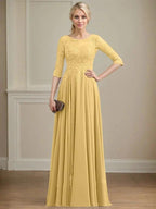 A-line Scoop Illusion Floor-Length Lace Chiffon Mother of the Bride Dress With Sequins