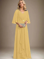 A-line V-Neck Floor-Length Chiffon Mother of the Bride Dress With Cascading Ruffles Crystal Brooch