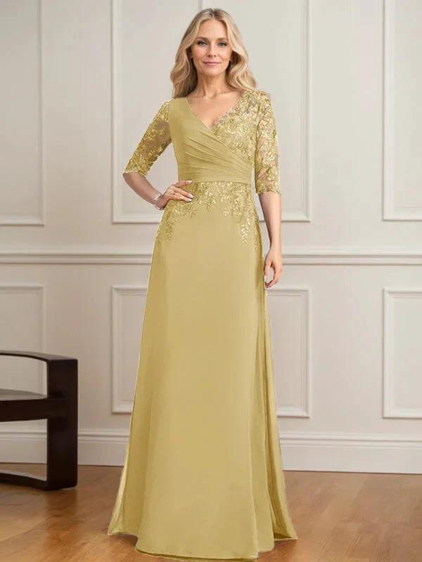 A-line V-Neck Floor-Length Lace Chiffon Mother of the Bride Dress With Pleated Sequins